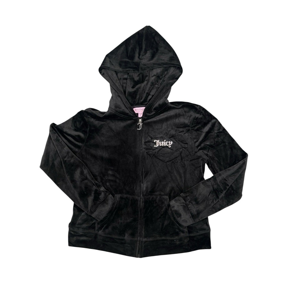 Juicy Couture Black Velour Zip Up Hoodie Jacket Rhinestone Logo Size L